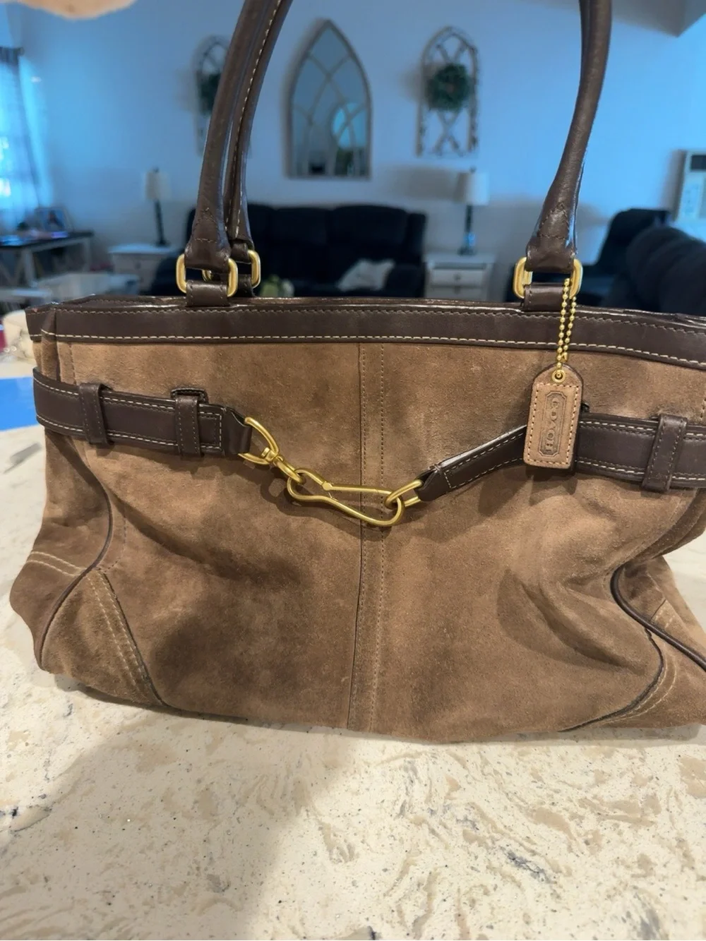 Coach 8A79 Brown Suede Leather Belted Tote Shoulder Bag Brass Hardware Y2K